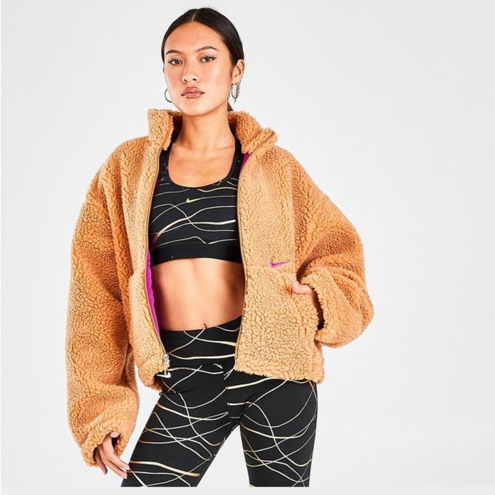 Nike sportswear oversized teddy Sherpa tan and pink jacket!